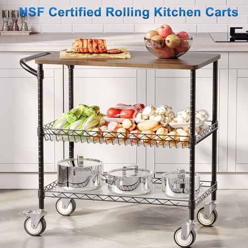 Rolling Kitchen Carts with Wheels, 3-Tier Utility Cart with Wood Tabletop - Image 2