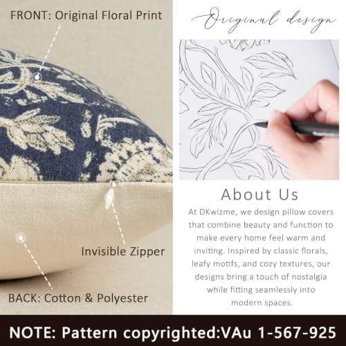 Vintage Floral Print Throw Pillow Covers 22x22 Set of 2 Neutral Modern Farmhouse Pillow Cases Accent Decorative Cushion Covers Boho Home Decor for Couch Sofa Chair Bed Living Room, Navy - Image 3
