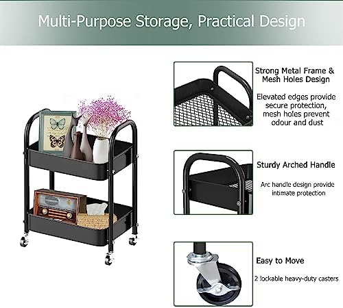 Melody House 2 Tier All-Metal Rolling Storage Cart with Handle and Locking Wheels - Kitchen, Laundry, Office, Bathroom Organizer, Black - Image 3