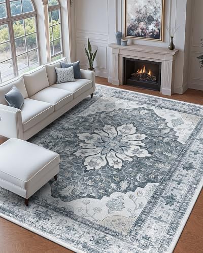 RELEANY Washable Area Rug, Large 9'x12', Grey/White/Beige - Image 2