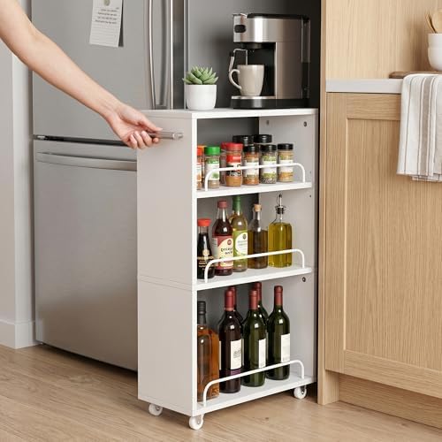 7.7'' Slim Rolling Storage Cart 4 Tier Wood Utility Cart Spice Rack Kitchen - Image 2