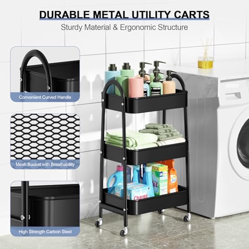 EAGMAK 3 Tier Utility Rolling Cart, Metal Storage Cart with Handle and Lockable Wheels, Multifunctional Storage Organizer Trolley with Mesh Baskets for Kitchen, Living Room, Office, Garage (Black) - Image 2