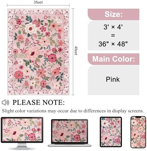 DUKINO 3x4 Area Rug, Floral Washable Rug for Kitchen Non Slip, Pink - Image 2