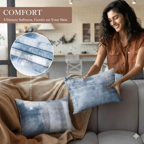 Modern Abstract Throw Pillow Covers 12x20, Blue & Grey Set of 4 - Image 5