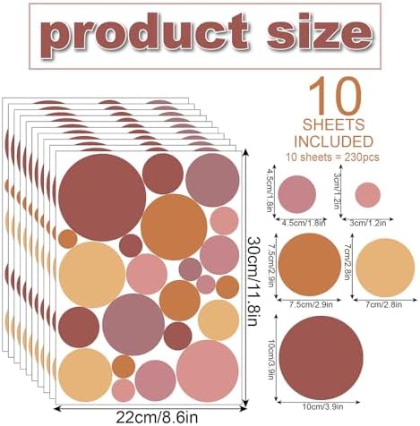 230 PCS Boho Polka Dot in Vintage Terracotta Warm Tones Wall Decals Set | 10 sheets removable waterproof peel & stick circle wall stickers for nursery, kids room, bedroom, playroom & home decor - Image 2