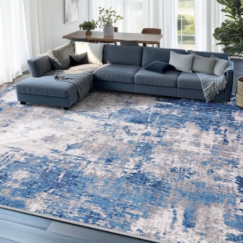 RELEANY Washable 7'x9' Abstract Area Rug for Living Room Blue Gray by RELEANY