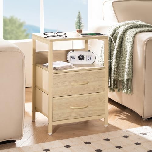 Yoobure Nightstand with Charging Station, Small Night Stand with Fabric Drawers and Storage Shelf for Bedrooms, Nightstands for Small Spaces, Bedside Table with USB Ports & Outlets, Bed Side Table - Image 2