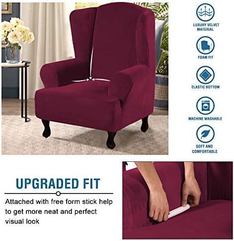 H.VERSAILTEX Wingback Chair Covers Velvet Plush Wing Chair Slipcover 1 Piece High Stretch Wing Back Chair Slipcovers Sofa Cover Furniture Cover with Elastic Bottom, Burgundy - Image 4