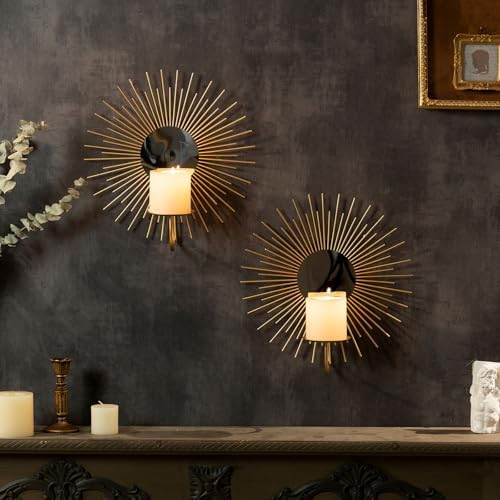 AIM & GGKK Wall Candle Sconce Holder,Set of 2 Mirror Wall Mounted Metal Candle Holder for Home,Living Room, Dining Room,Rustic Farmhouse Boho Decorations by AIMGGKK