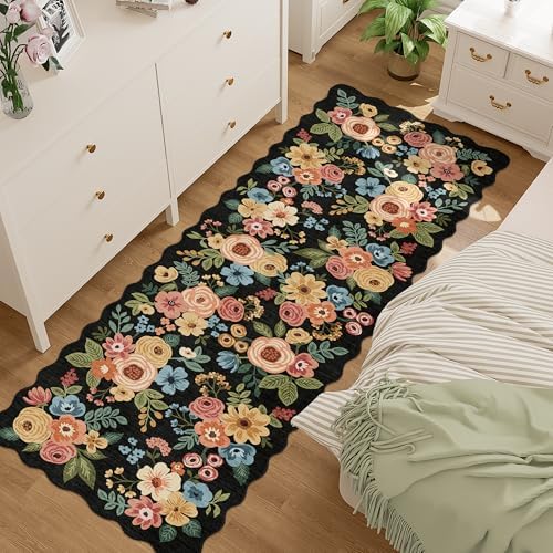 DUKINO 2x6 Runner Rug, Floral Washable Rug for Kitchen Non Slip, Black by DUKINO