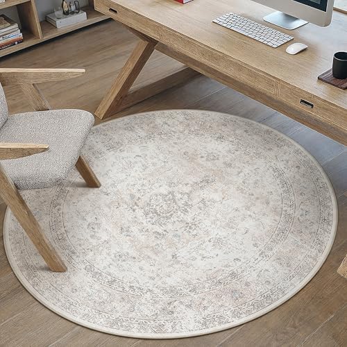 6R Washable Round Rug Beige Grey Non Slip Vintage Carpet - Image 3