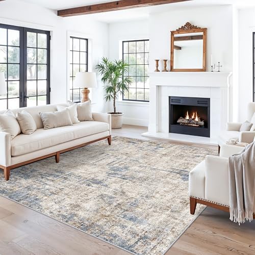 ZHXXUJ 7x7 Square Washable Area Rug, Non-Slip Indoor Rug for Living Room Bedroom Dining Room, Low Pile Stain Resistant Modern Abstract Neutral (Blue Brown) by ZHXXUJ