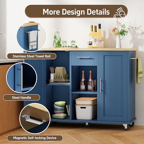 Shintenchi Kitchen Island with Storage, Bar Cart Cabinet Island Table on Wheels, Rolling Microwave Cart for Kitchen with Drop Leaf, Drawers, Towel Rack, Seating Area for Dining Room, Blue - Image 4