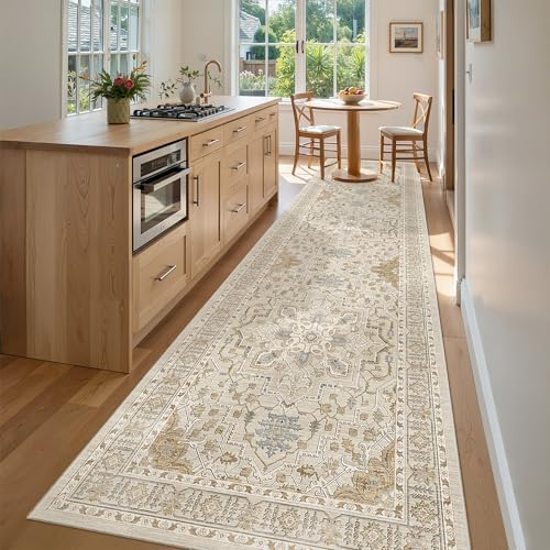 Madane Hallway Runner Rug 3x12 Washable Kitchen Runners 12ft, Beige/Blue - Image 2
