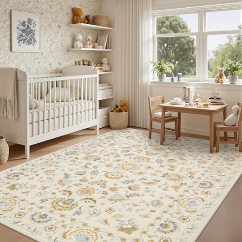 6x9 Area Rug Living Room: Soft Floral Washable Boho Carpet Beige - Image 4