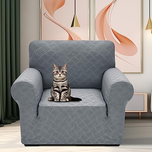 YEMYHOM Couch Cover Latest Jacquard Design High Stretch Sofa Chair Covers for Living Room, Pet Dog Cat Proof Armchair Slipcover Non Slip Elastic Furniture Protector (Small, Leaf Pattern Light Gray) - Image 2
