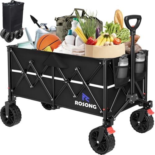 ROSONG Collapsible Wagon Cart with Wheels Foldable - Folding Utility Heavy Duty Wagons Carts for Grocery Sports Garden Shopping Camping Wheelbarrows (Black, 150L) by ROSONG