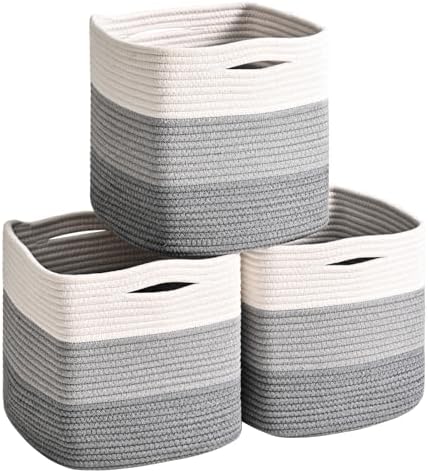ICERZCZ 11 Inch Cube Storage Bins, Storage Cube Organizer Bins, Woven Cotton Rope Basket for Storage, Storage Baskets for Organizing Shelves, Grey Baskets for Toys, Gradient Grey (Pack of 3) by ICERZCZ
