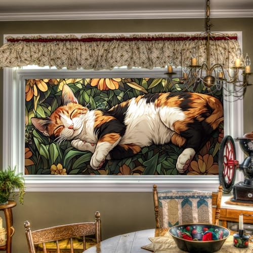 HOMETITUTE Sleeping Calico Cat Relaxing Window Cling 39.3x17.7 Inch PVC by HOMETITUTE