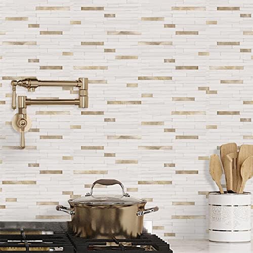 STICKGOO 2 Sheets Peel and Stick Backsplash Tile, Stick on Backsplash for Kitchen and Bathroom, Dolomite White Marble Look PVC Mixed Metal Gold Self Adhesive Wall Tiles - Image 5