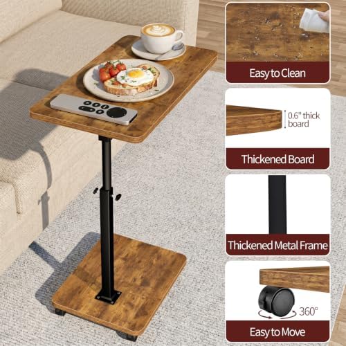 End Table Adjustable Height, 22.8"L Side Table Tv Tray with Wheels, 90° Tilting Panel Couch Table That Slides Under, Small End Table for Small Spaces, Overbed Bedside Desk Mobile Rolling Laptop Stand - Image 5