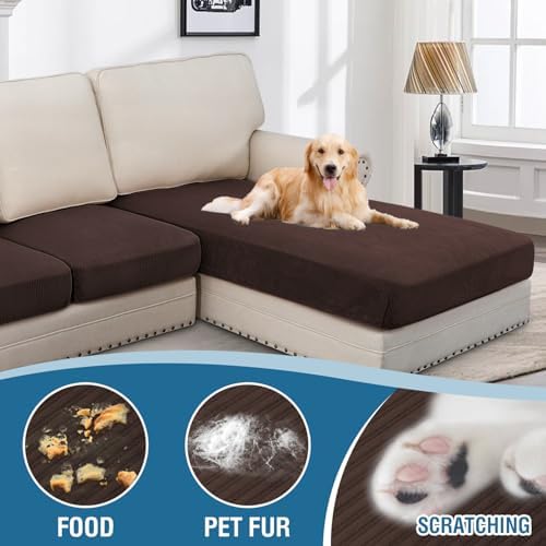 H.VERSAILTEX Velvet Stretch Sectional Couch Covers - 3 Piece L Shape Separate Cushion Set for Large 2 Seater + 1 Chaise, Brown Striped - Image 3