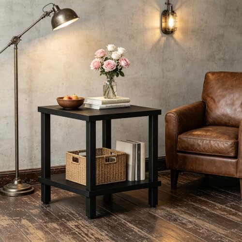 MMEOLUOOK Large End Table Square Side Table Modern Sofa Table 20 Inch Industrial Coffee Table NightStand with 2-Tier Storage Shelf for Living Room Bedroom Black MLBZ06B - Image 2