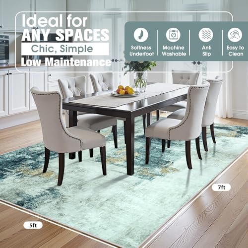 5x7 Area Rugs for Living Room Washable Bedroom Dining Room Teal Grey Gold - Image 2