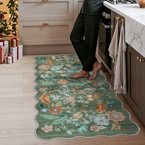 Hallway 3x6 Washable Runner Rug - Indoor Floral Scalloped Kitchen Entryway Low Pile Carpet Soft Non Slip Floor Mat for Bathroom Living Room Bedroom Elegant Home Decor(3x6 Floral/Green) - Image 2