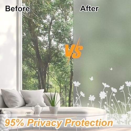 Bloss Window Privacy Film Pure White Flowers Pattern Glass Window Film,Sun Blocking Window Film,Day and Night Privacy Heat Blocking Non-Adhesive Window Tint for Home Office 29.5 x 118inches - Image 6