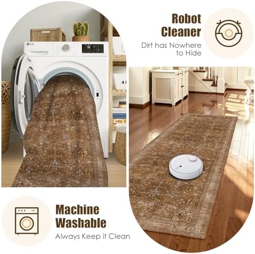 Washable Area Rug 2'6'' x 8' Vintage Traditional Persian Mat - Foldable Distressed Non-Slip Machine Washable Carpet for Living Room Bedroom Kitchen Home Decor - Bronze and Ivory - Image 7