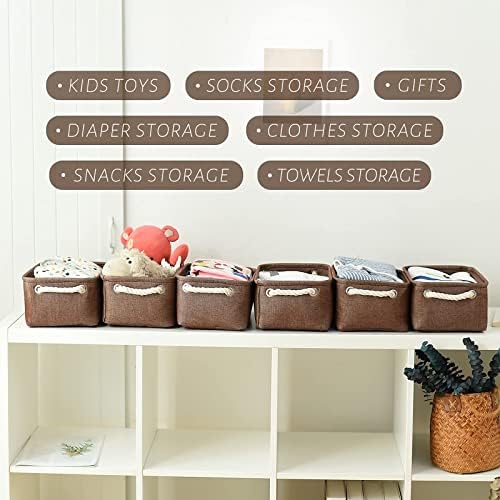TheWarmHome Storage Basket for Organizing - 12x8x5 inch Small 6 Pack Collapsible Storage Bin for Shelves with Handles, Canves Storage Box for Cloth Closet Organizer Gift Toy (Brown) - Image 3