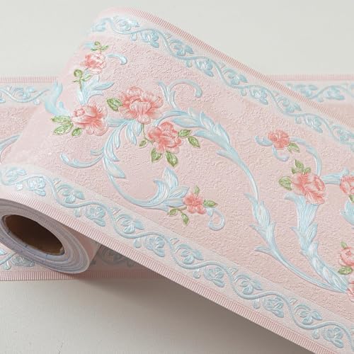 AbaBoorty Pink Flower Pattern Wallpaper Trim - 196"X4.1" Self-Adhesive Wall Border Sticker Decor for Bedroom & Living Room Walls by AbaBoorty