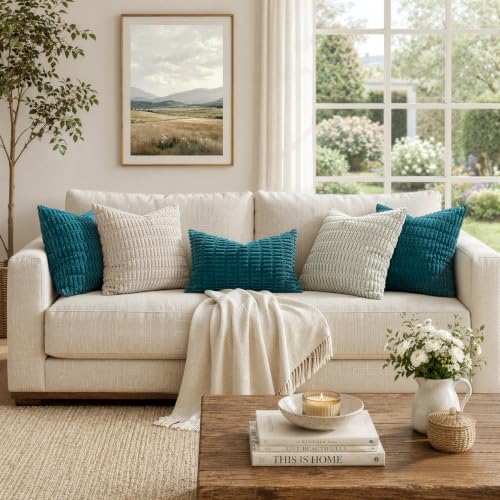 MIULEE Corduroy Decorative Throw Pillow Covers 20x20 Teal Pack of 2 - Image 3