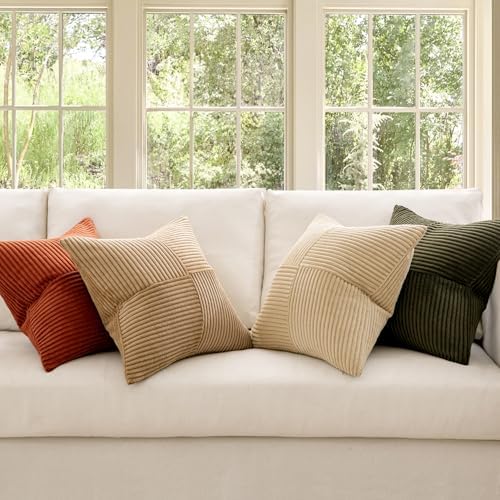 MIULEE Rust-Olive Green Decorative Throw Pillow Covers 18x18 Inch Set of 4 Boho Color-Clash Cushion Cases Farmhouse Pillow Cases Corduroy Striped Home Decor for Couch Sofa Living Room Bed - Image 2