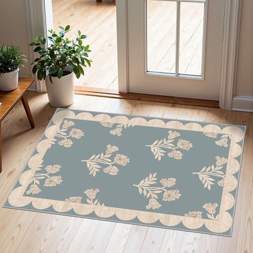 Front Door Mat Indoor Outside Entrance 2x3 Blue Scalloped Entry Rug by Othilic