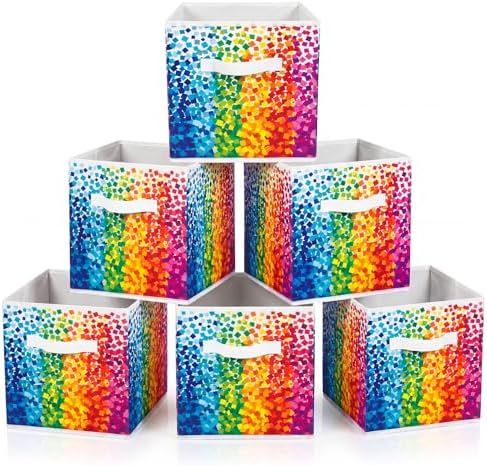 Chunful 6 Pcs 11" Fabric Cube Storage Bin Rainbow Multicolor Dots by Chunful