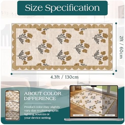 Front Door Mat Indoor Entrance - 2x4.3 Ft Floral Washable Layered Doormat Outdoor Entrance Spring Porch Rug Non-Slip Beige Boho Runner Rug for Kitchen Hallway Bedroom Laundry Room Porch Decor - Image 2