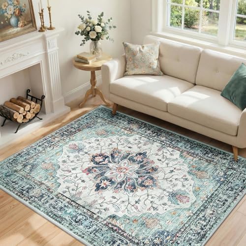 RELEANY Washable Area Rug, 4'x6', Teal Green/White/Navy - Image 2