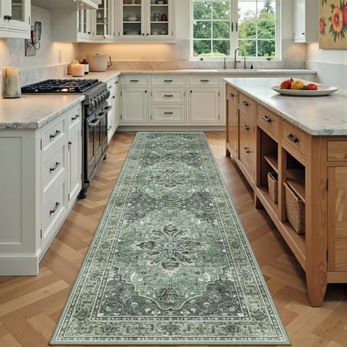 RELEANY Washable Area Rug, Runner 3'x7', Green/Dark Green/Gray by RELEANY