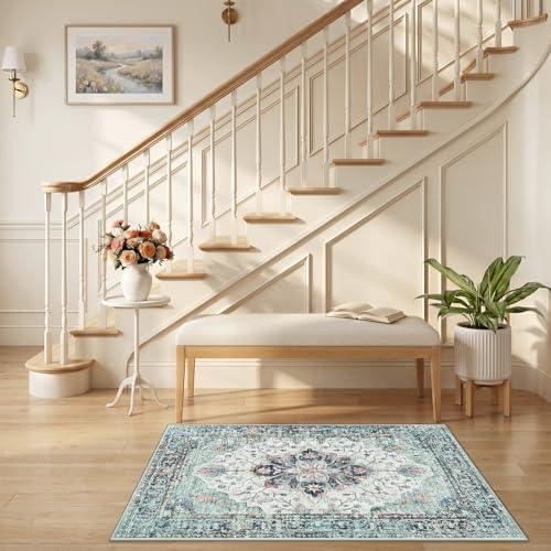 RELEANY Washable Area Rug, Small 2'6"x4', Teal Green/White/Navy - Image 2