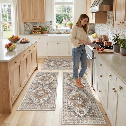 Madane Washable Kitchen Rug Set of 3 Small Area Rugs Non-Slip Turmeric/Grey - Image 2
