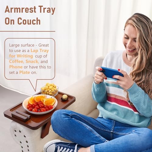 SINWANT Couch Arm Tray with 360° Rotating Phone Holder,Bamboo 15.35"x9.85" Folding Wide Sofa Arm Tray,Anti Slip Clip on Side Table Couch Armrest for Snacks,Drinks,Remotes - Image 2