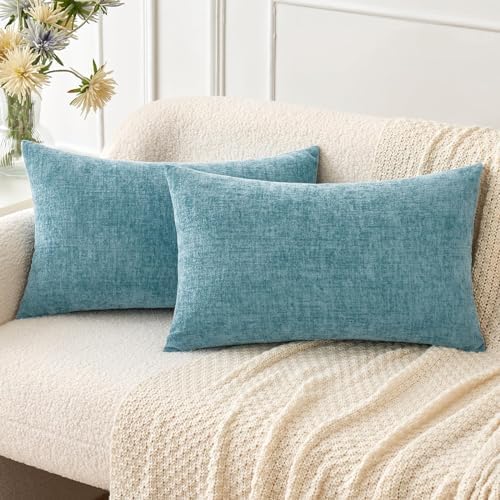 MIULEE Soft Chenille Lumbar Throw Pillow Covers Smoke Blue 12x20 Pack of 2 by MIULEE