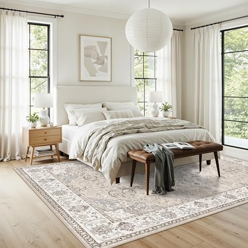 7x10 Area Rug for Living Room: Washable Neutral Vintage Large Rugs for Bedroom, Office, Dining Room, Kids Room, Farmhouse Durable Low Pile Non Slip Carpet for High Traffic Areas(7x10 Beige) - Image 6