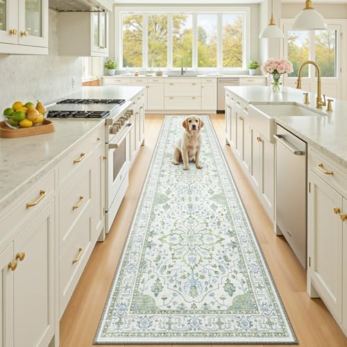 RELEANY Washable Area Rug, Runner 2'x10', Green/White/Blue by RELEANY