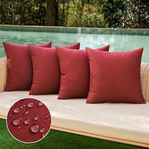 MIULEE Pack of 4 Decorative Outdoor Throw Pillow Covers Linen Waterproof Pillow Covers Summer Farmhouse Cushion Cases for Patio Garden Tent Balcony Couch Sofa 18x18 Inch Burgundy by MIULEE