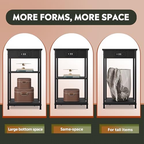 WLIVE Black End Table with Charging Station, Slim Night Stand with 3 Storage Shelves, Small Side Tables for Small Spaces, Bedside Tables for Living Room, Bedroom - Image 6