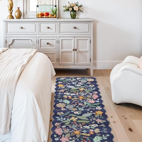 2x6 Hallway Floral Rug Runner: Washable Non Slip Low Pile Area Rug for Kitchen Front Door Soft Water Resistant Carpet for Bathroom Light Weight Durable Floor Mat for Bedroom Nursery(2x6/Blue/Purple) - Image 4
