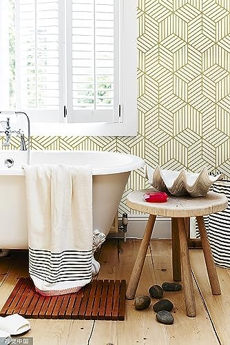 CiCiwind Beige and Gold Peel and Stick Wallpaper Gold Striped Hexagon Contact Paper Removable Self Adhesive Wall Paper Geometric Waterproof Vinyl for Wall Cabinet Shelf Drawer Decor 15.7"x472" - Image 6